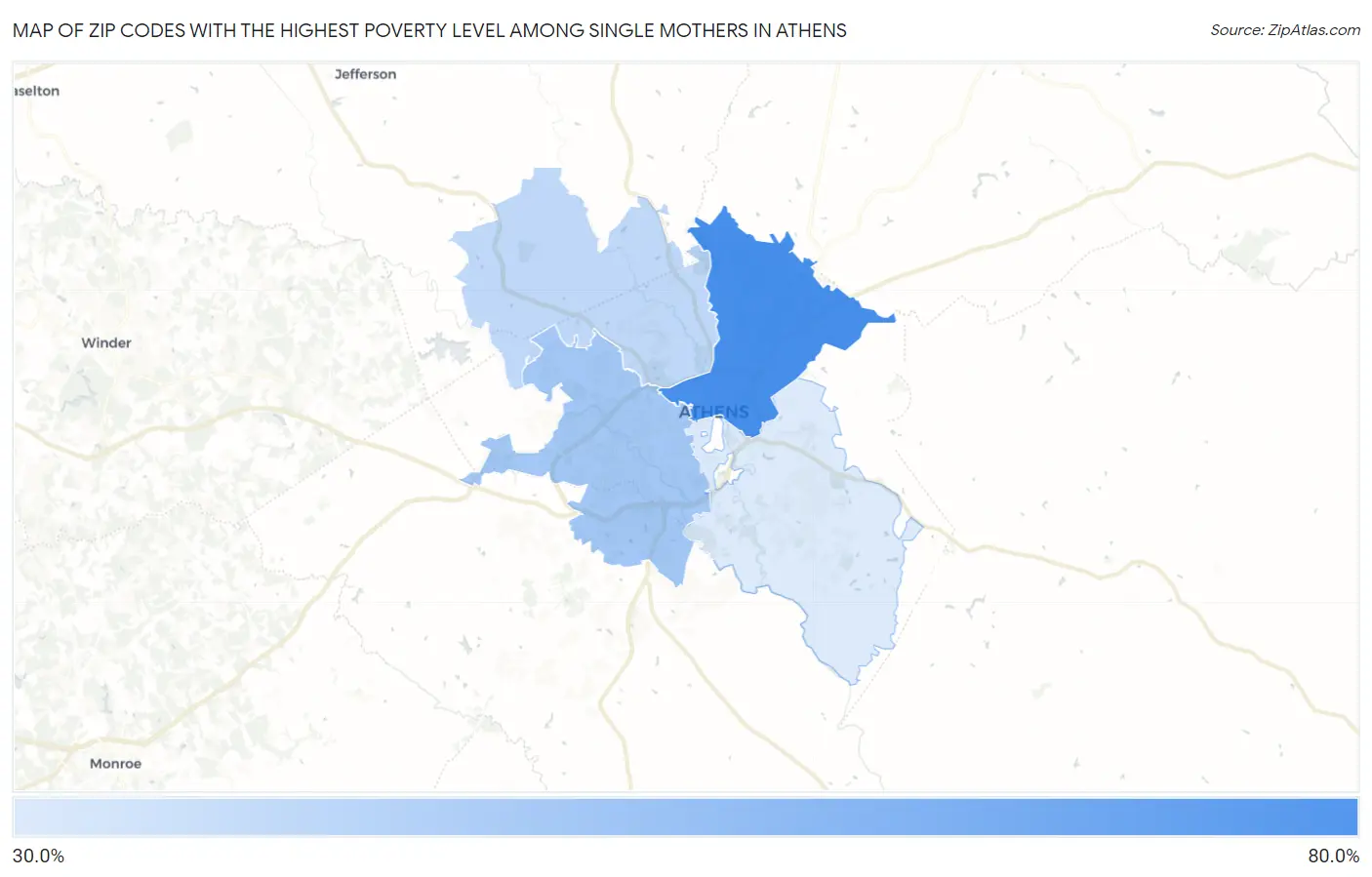 Zip Codes with the Highest Poverty Level Among Single Mothers in Athens Map