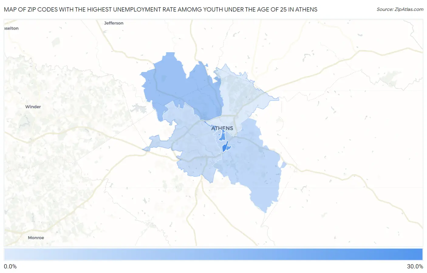 Zip Codes with the Highest Unemployment Rate Amomg Youth Under the Age of 25 in Athens Map