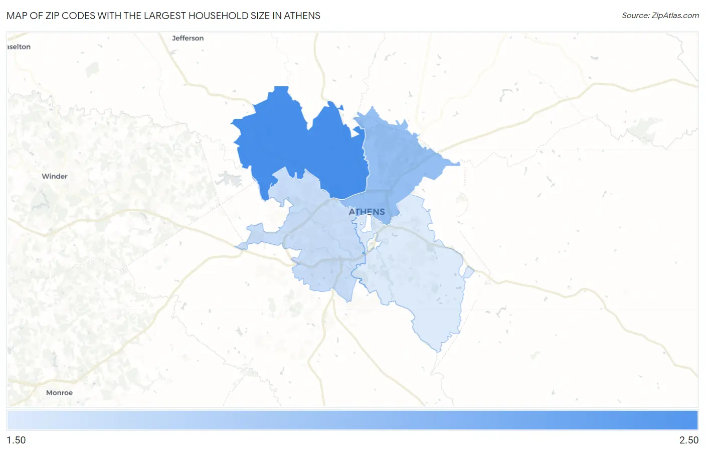 Zip Codes with the Largest Household Size in Athens Map