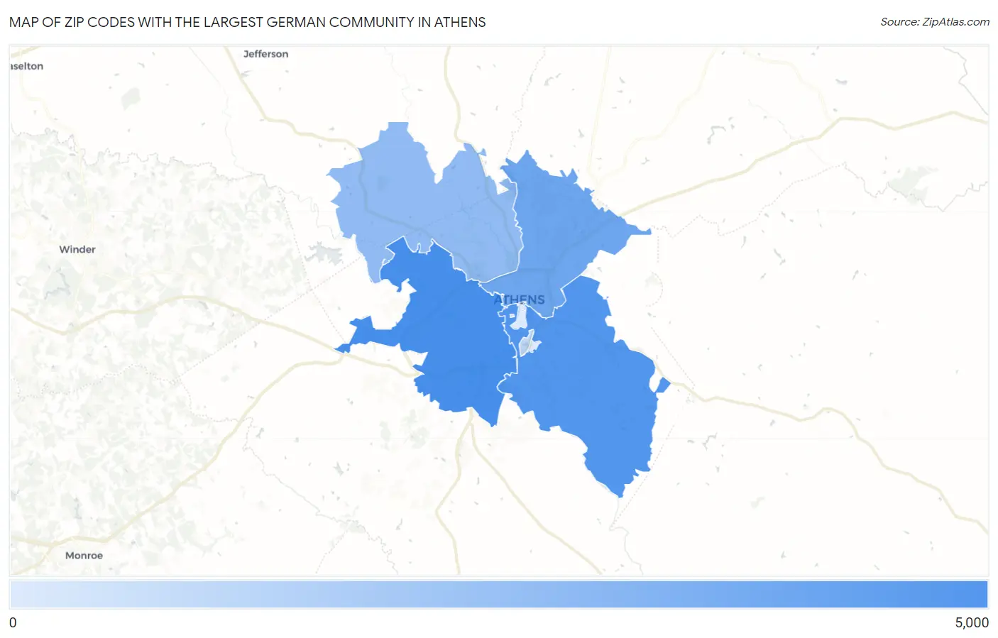 Zip Codes with the Largest German Community in Athens Map