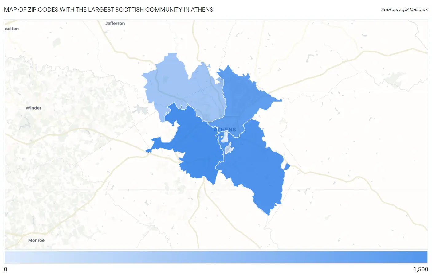 Zip Codes with the Largest Scottish Community in Athens Map
