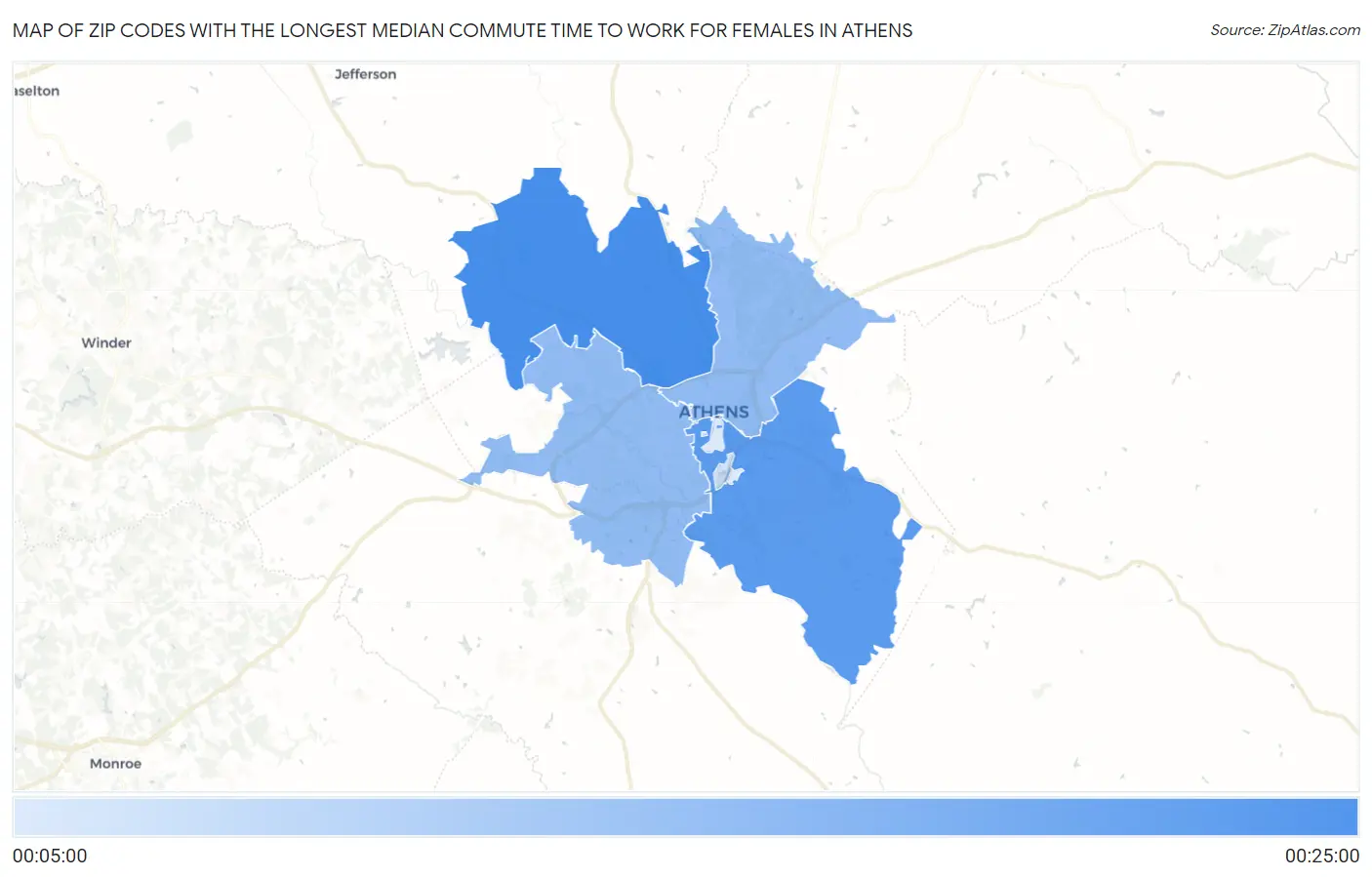 Zip Codes with the Longest Median Commute Time to Work for Females in Athens Map