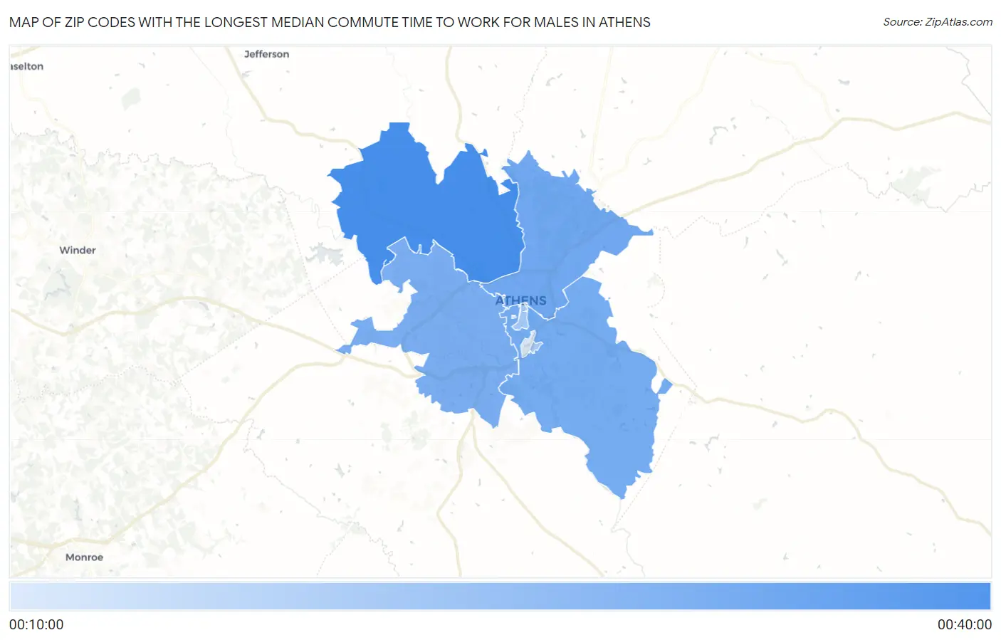 Zip Codes with the Longest Median Commute Time to Work for Males in Athens Map