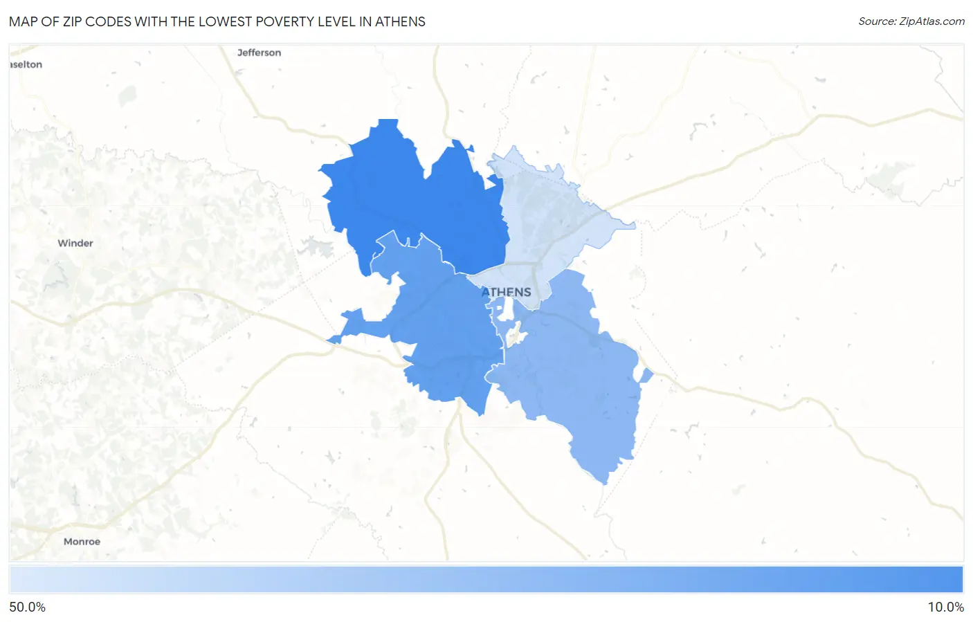 Zip Codes with the Lowest Poverty Level in Athens Map