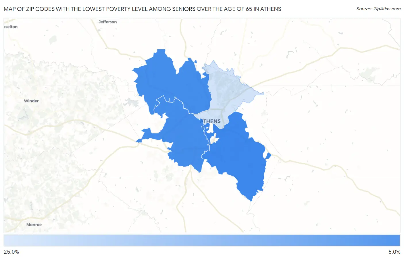 Zip Codes with the Lowest Poverty Level Among Seniors Over the Age of 65 in Athens Map