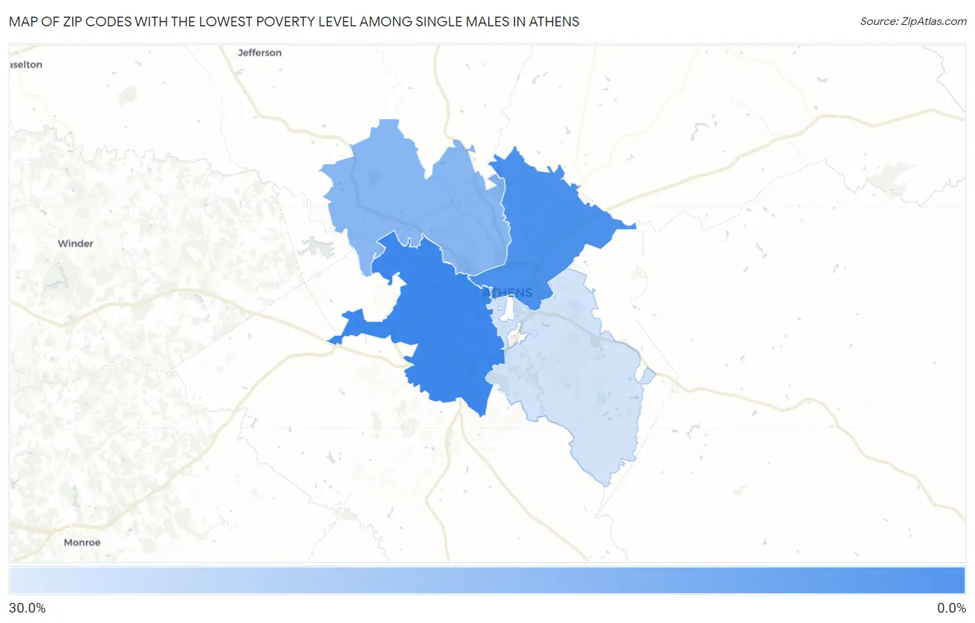 Zip Codes with the Lowest Poverty Level Among Single Males in Athens Map