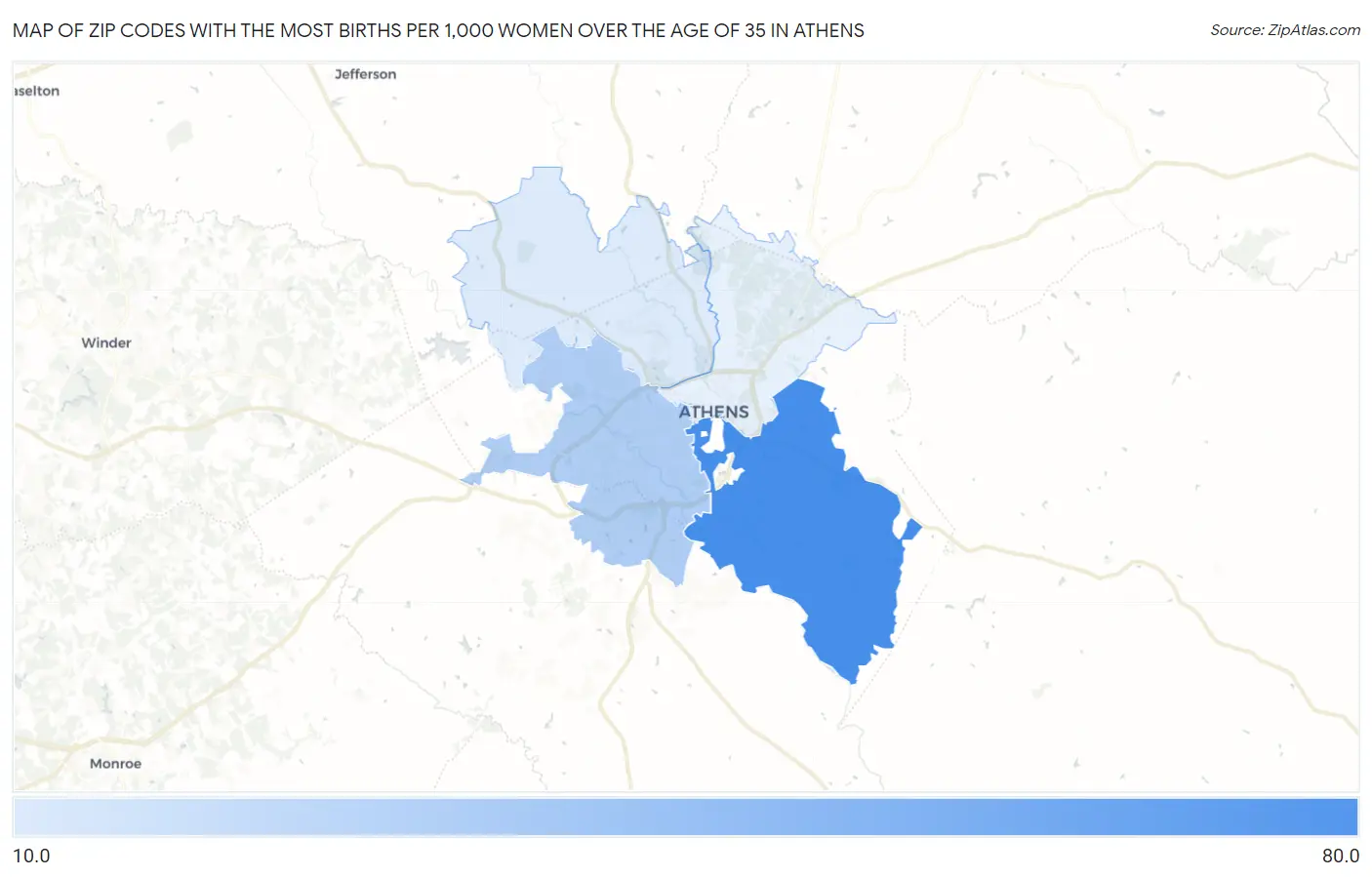Zip Codes with the Most Births per 1,000 Women Over the Age of 35 in Athens Map