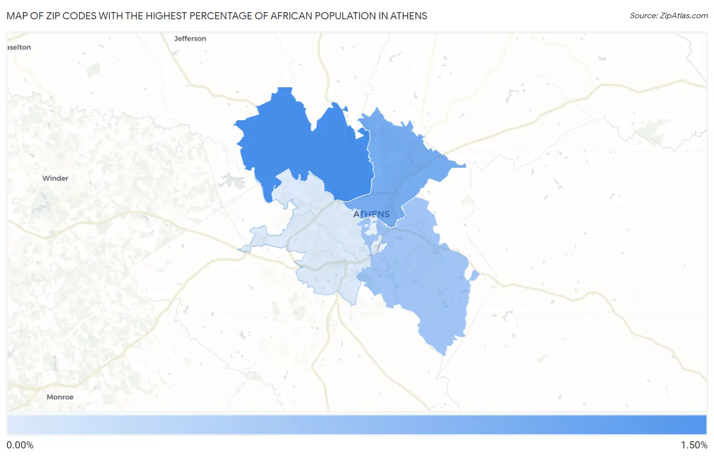 Zip Codes with the Highest Percentage of African Population in Athens Map