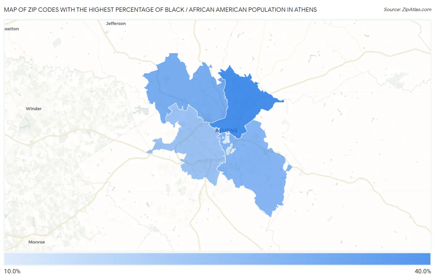 Zip Codes with the Highest Percentage of Black / African American Population in Athens Map