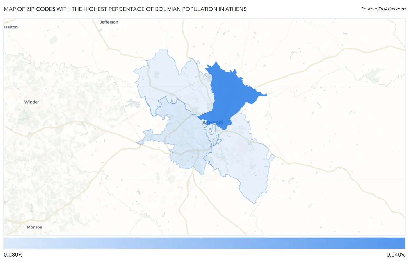 Zip Codes with the Highest Percentage of Bolivian Population in Athens Map