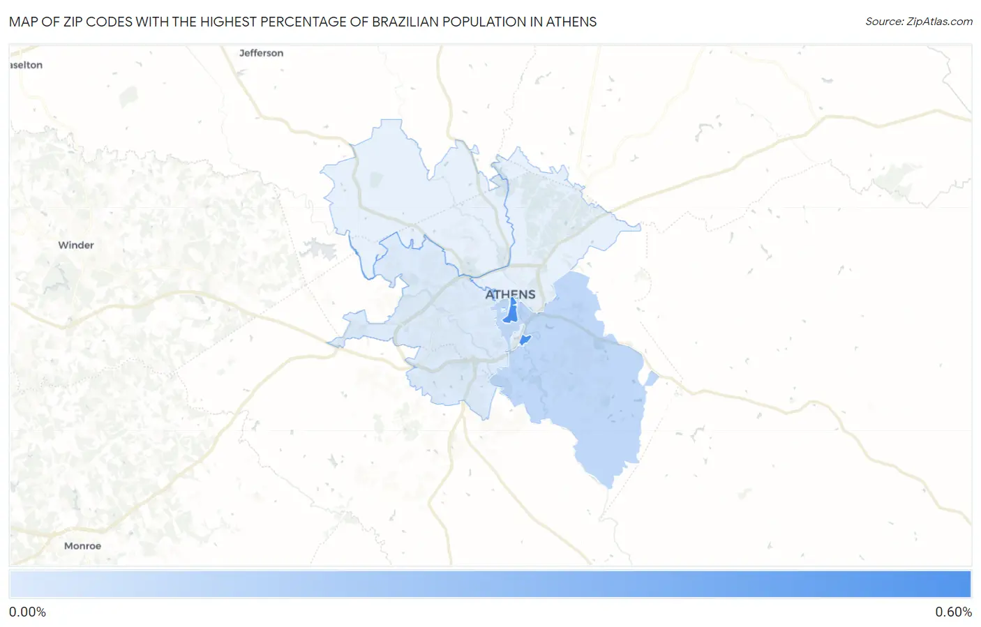 Zip Codes with the Highest Percentage of Brazilian Population in Athens Map