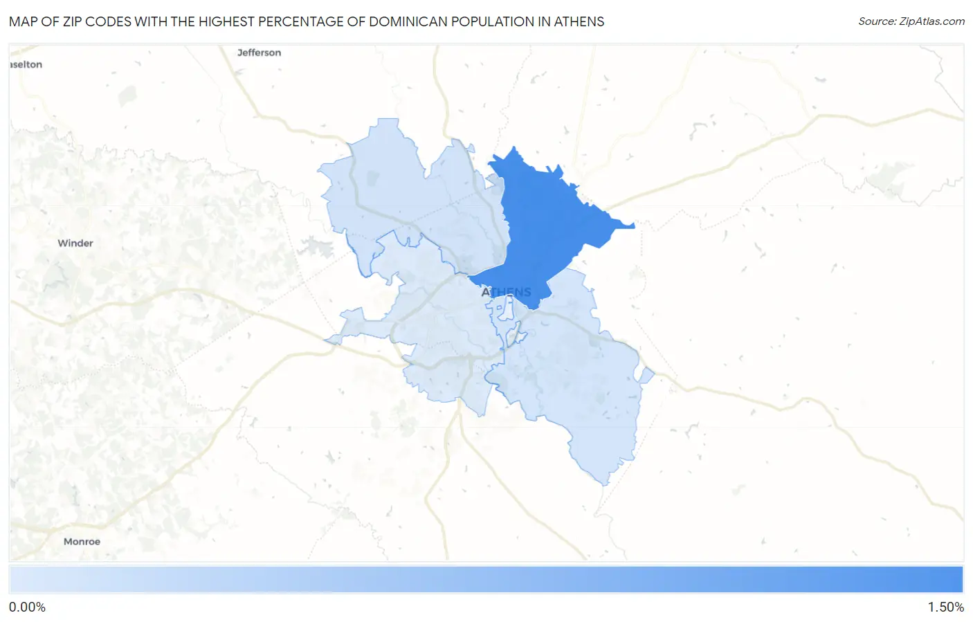 Zip Codes with the Highest Percentage of Dominican Population in Athens Map