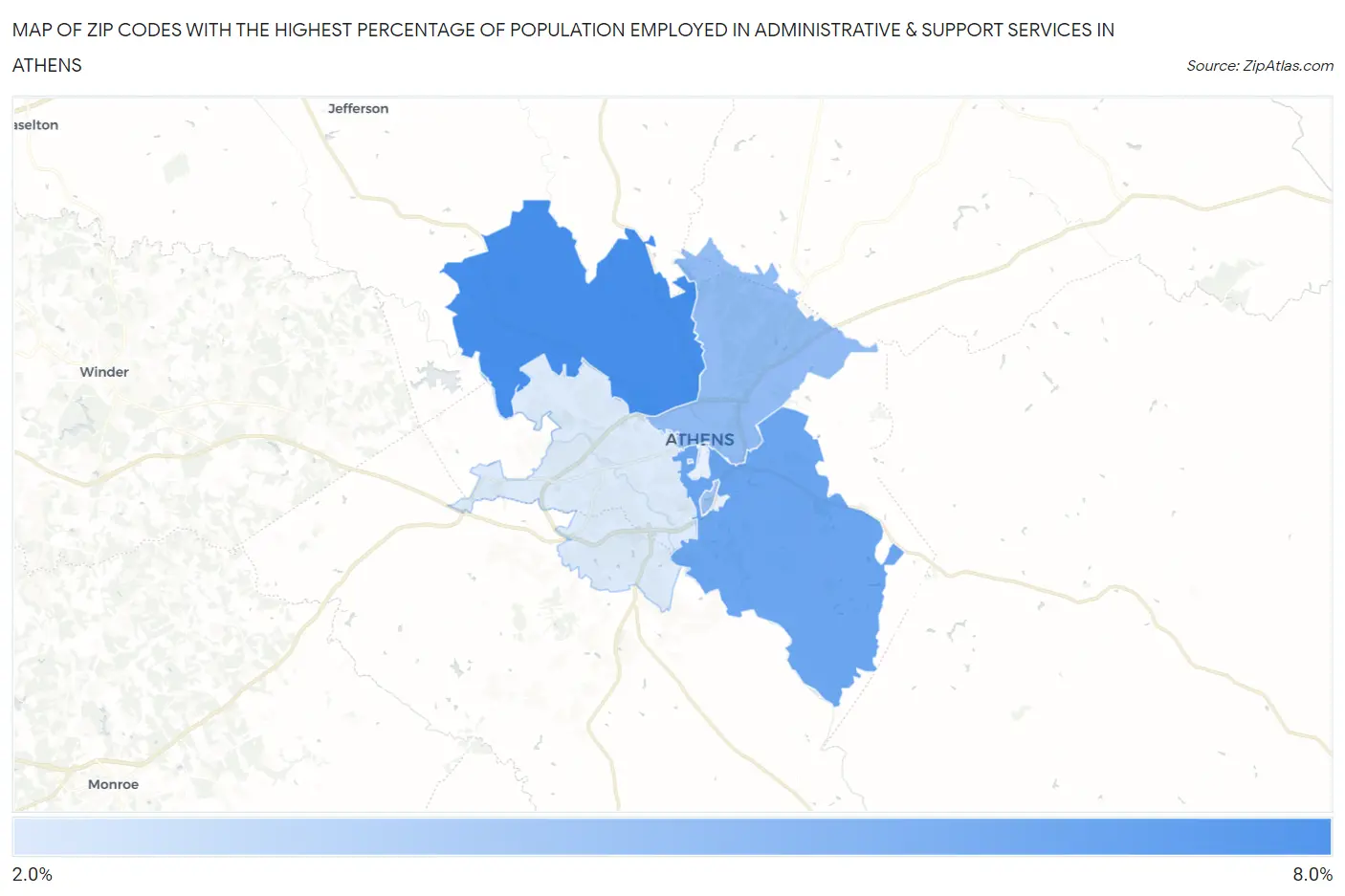 Zip Codes with the Highest Percentage of Population Employed in Administrative & Support Services in Athens Map