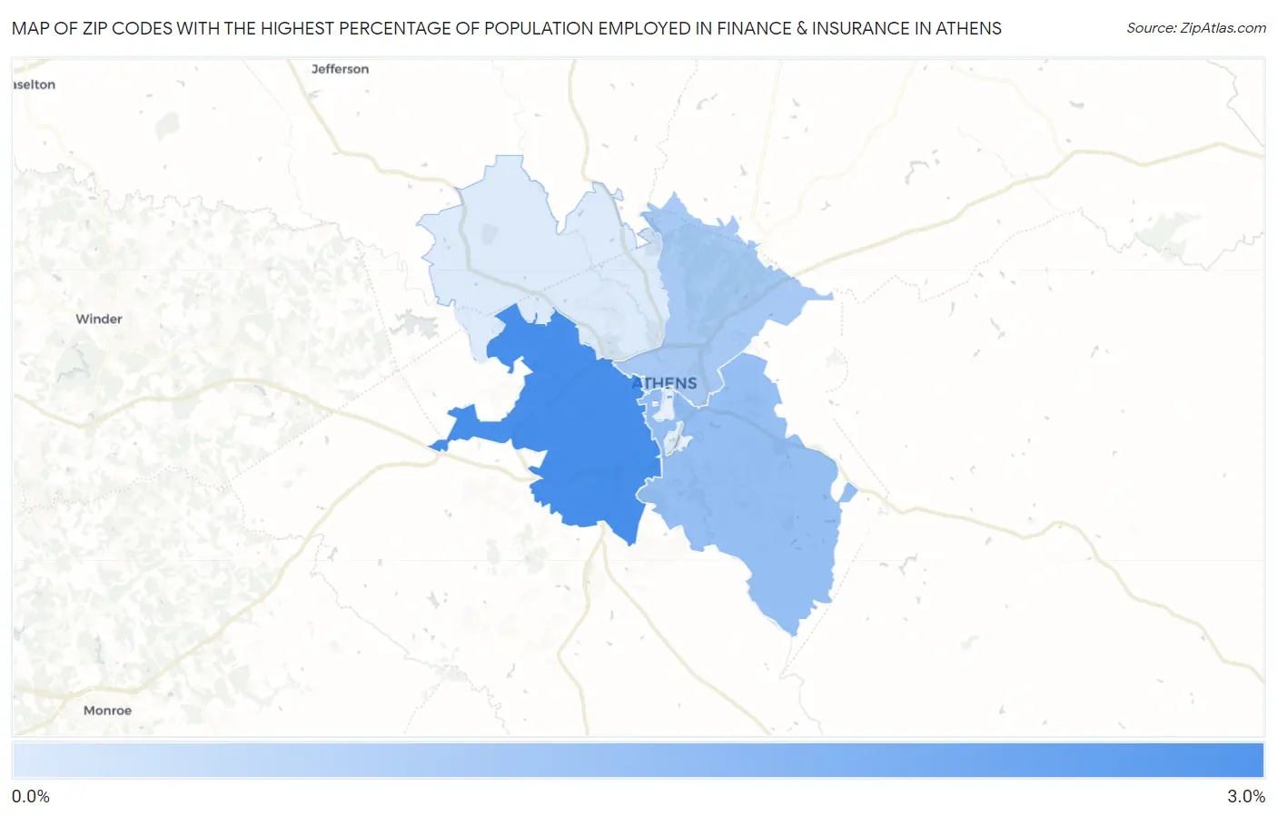 Zip Codes with the Highest Percentage of Population Employed in Finance & Insurance in Athens Map