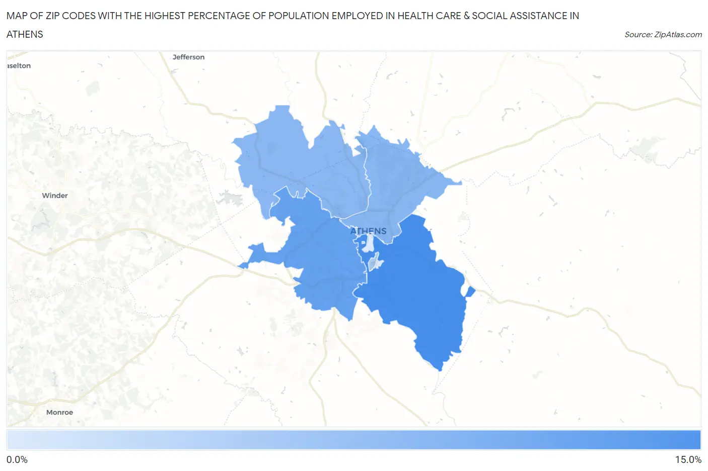 Zip Codes with the Highest Percentage of Population Employed in Health Care & Social Assistance in Athens Map