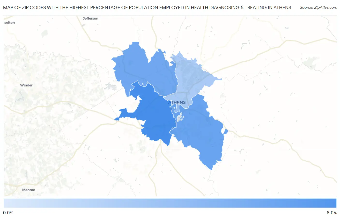 Zip Codes with the Highest Percentage of Population Employed in Health Diagnosing & Treating in Athens Map