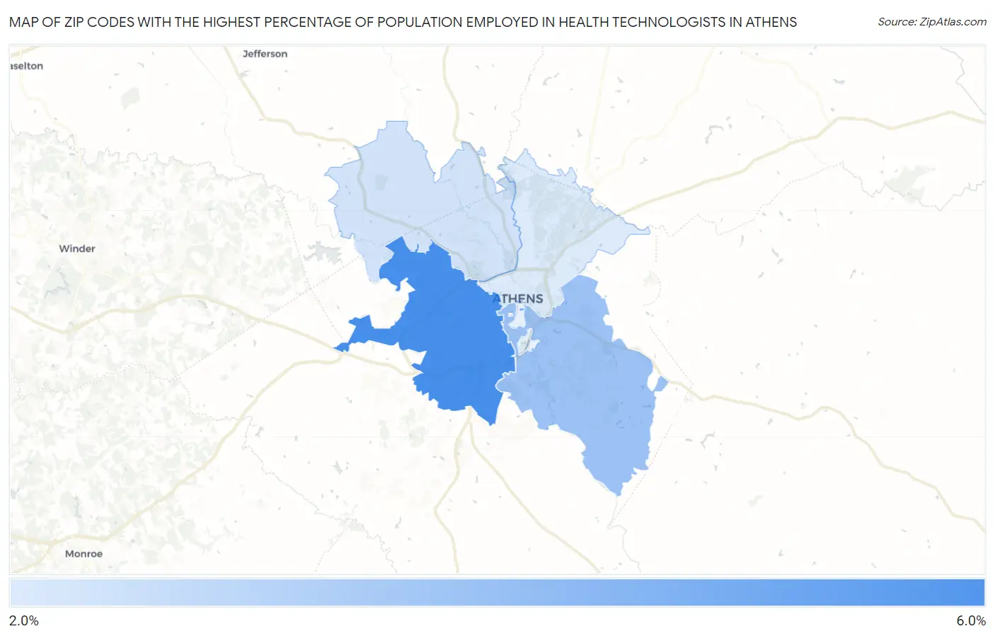 Zip Codes with the Highest Percentage of Population Employed in Health Technologists in Athens Map