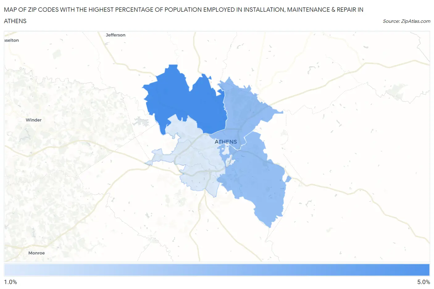 Zip Codes with the Highest Percentage of Population Employed in Installation, Maintenance & Repair in Athens Map