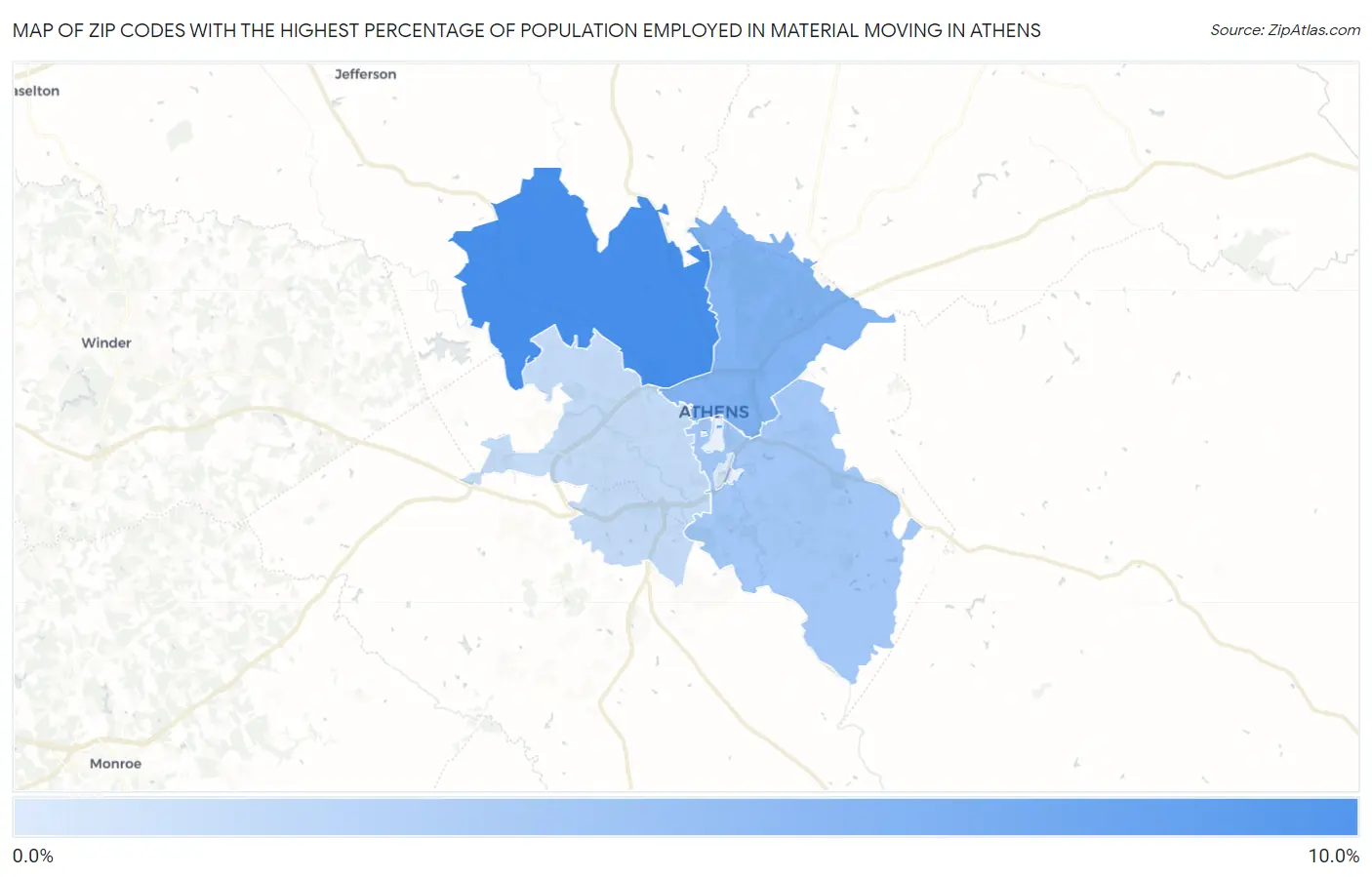 Zip Codes with the Highest Percentage of Population Employed in Material Moving in Athens Map