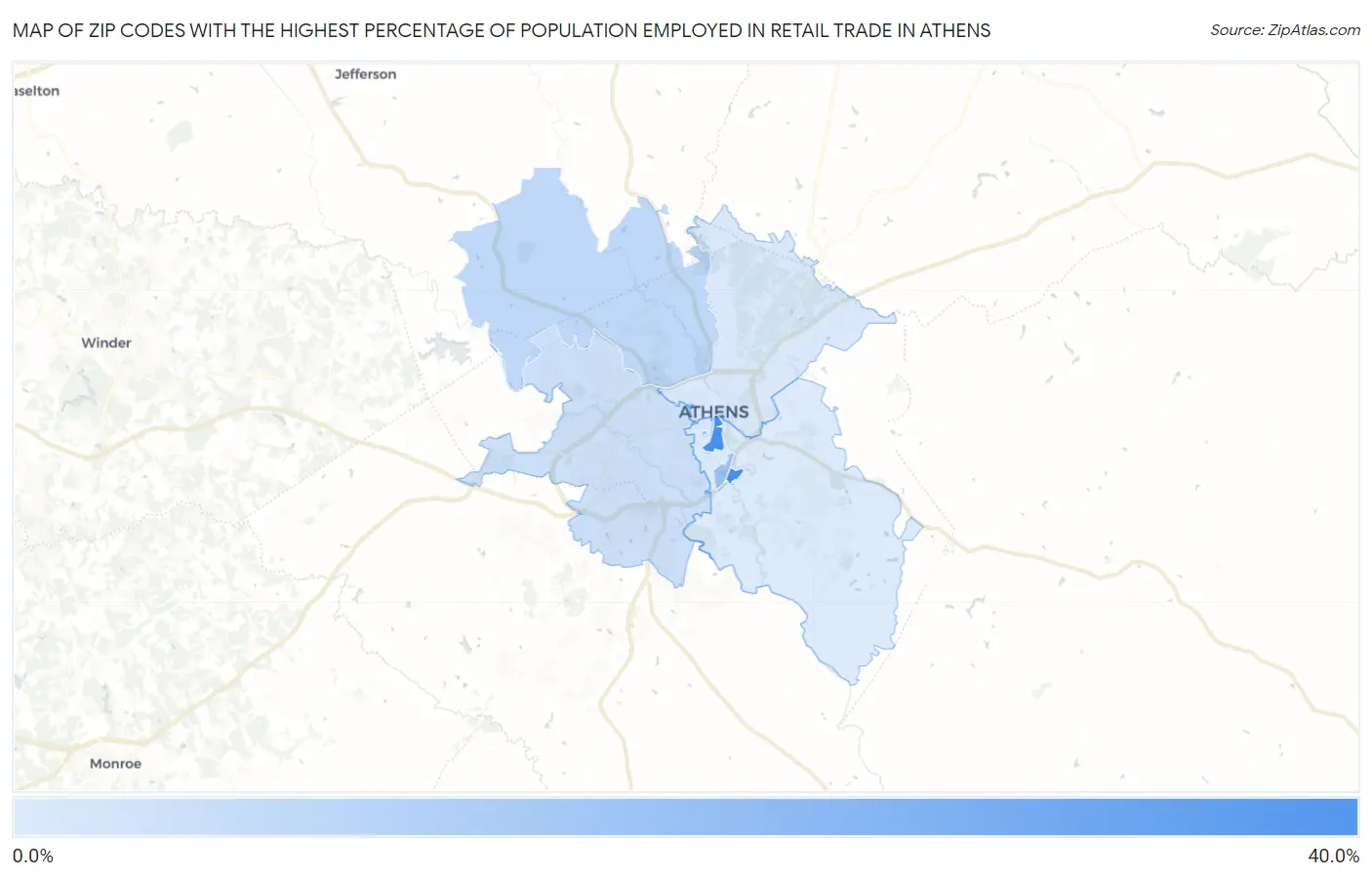 Zip Codes with the Highest Percentage of Population Employed in Retail Trade in Athens Map