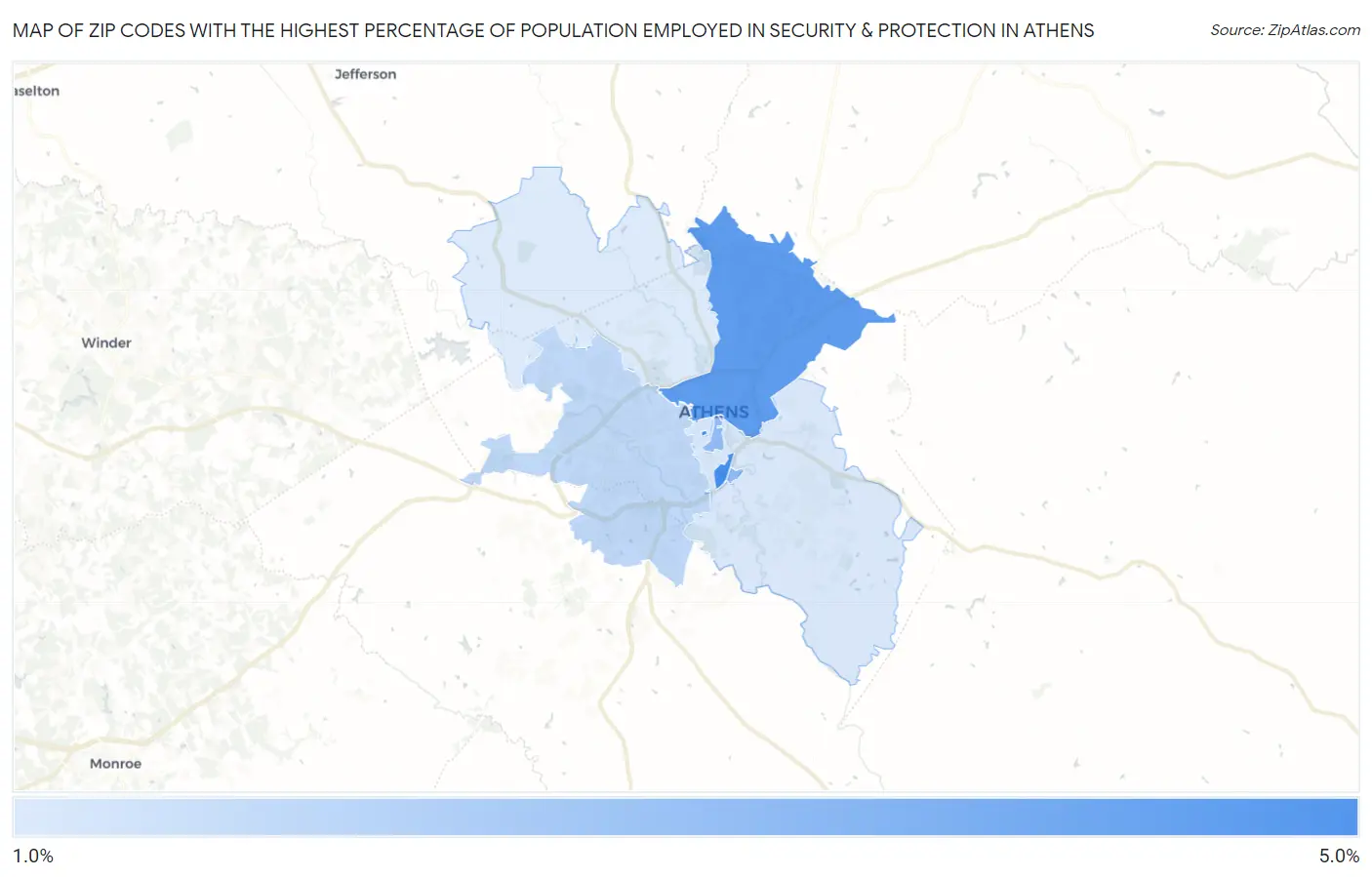 Zip Codes with the Highest Percentage of Population Employed in Security & Protection in Athens Map
