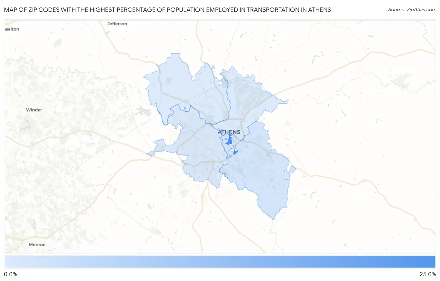 Zip Codes with the Highest Percentage of Population Employed in Transportation in Athens Map