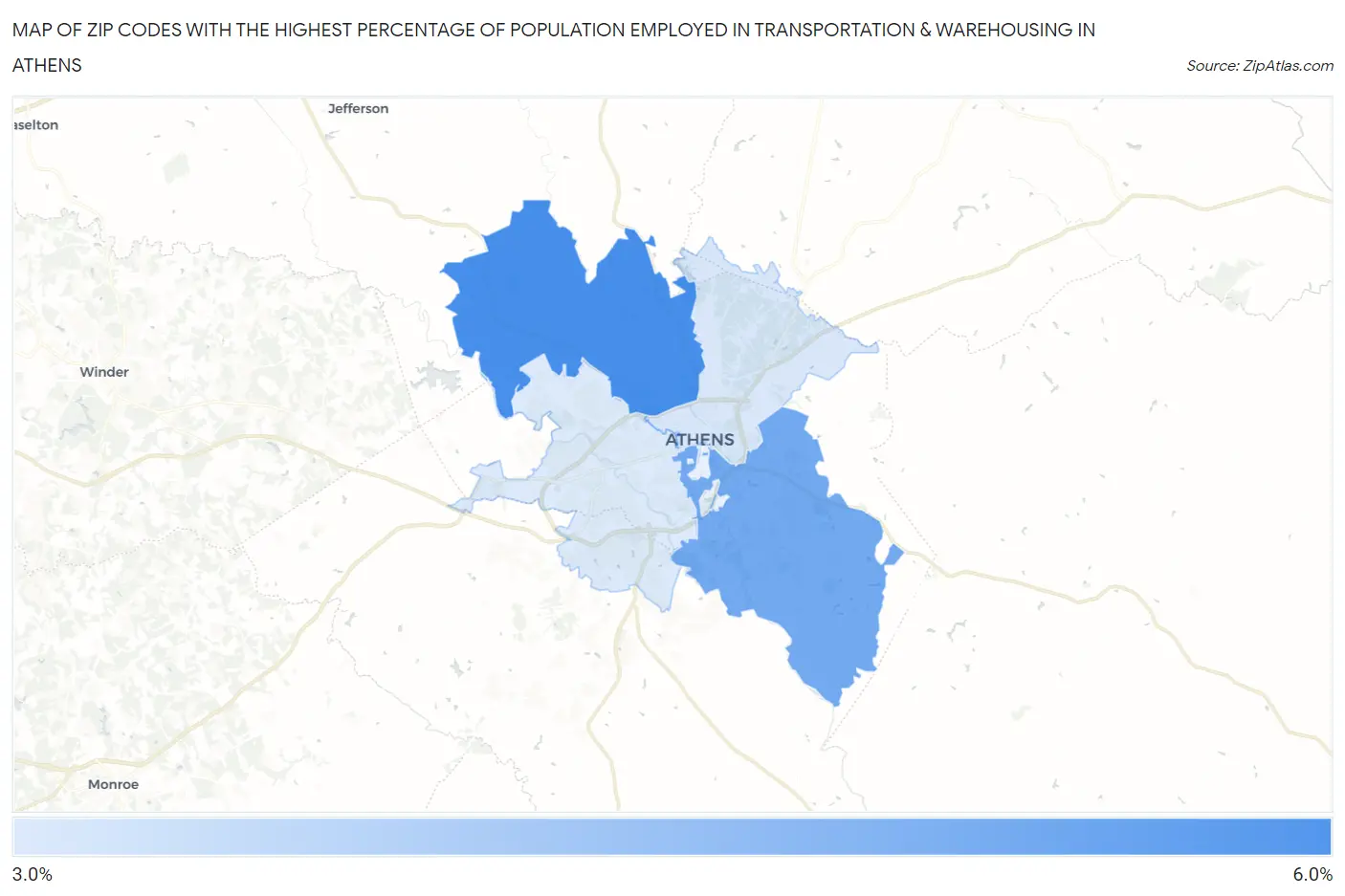 Zip Codes with the Highest Percentage of Population Employed in Transportation & Warehousing in Athens Map
