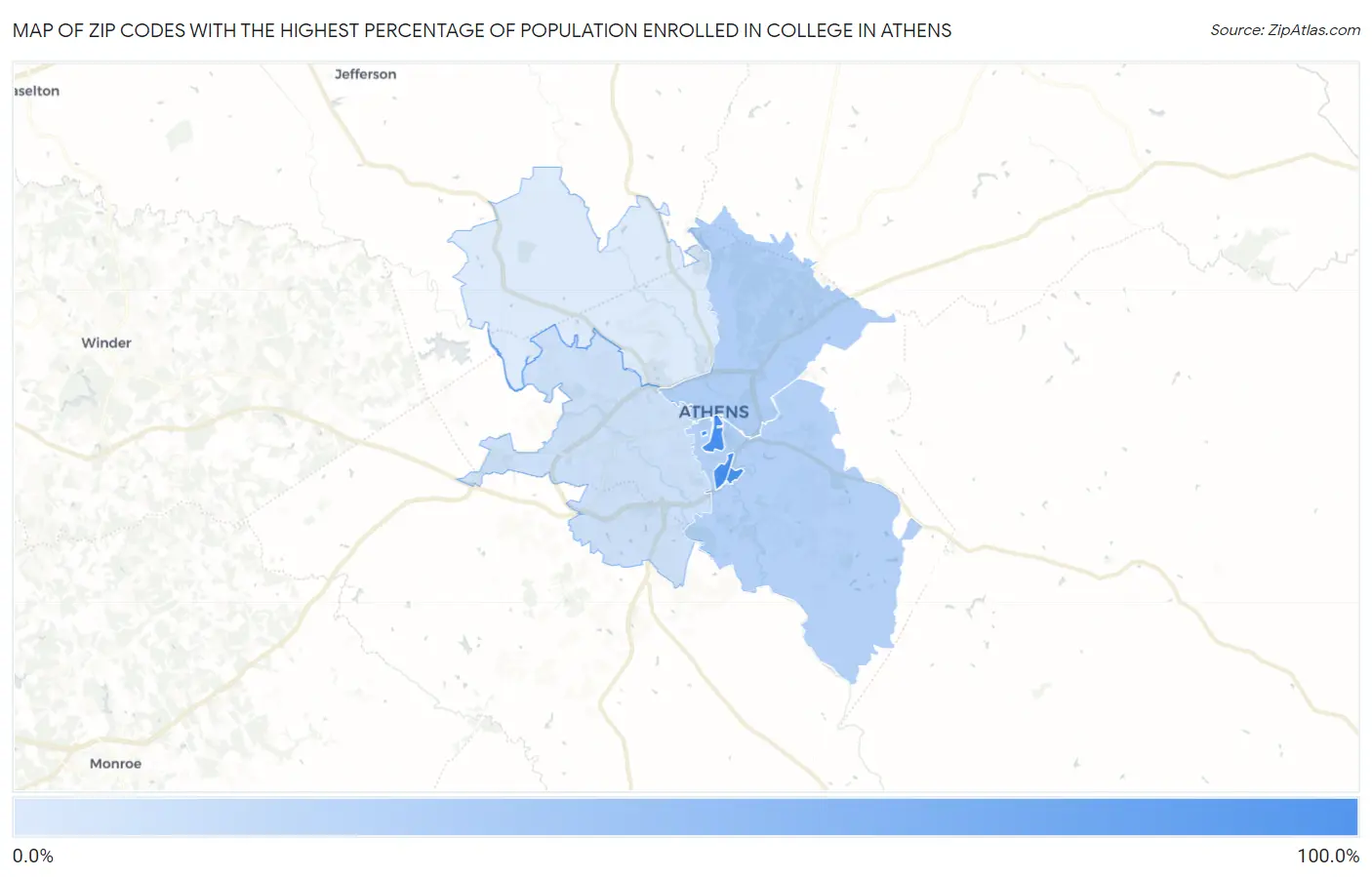 Zip Codes with the Highest Percentage of Population Enrolled in College in Athens Map