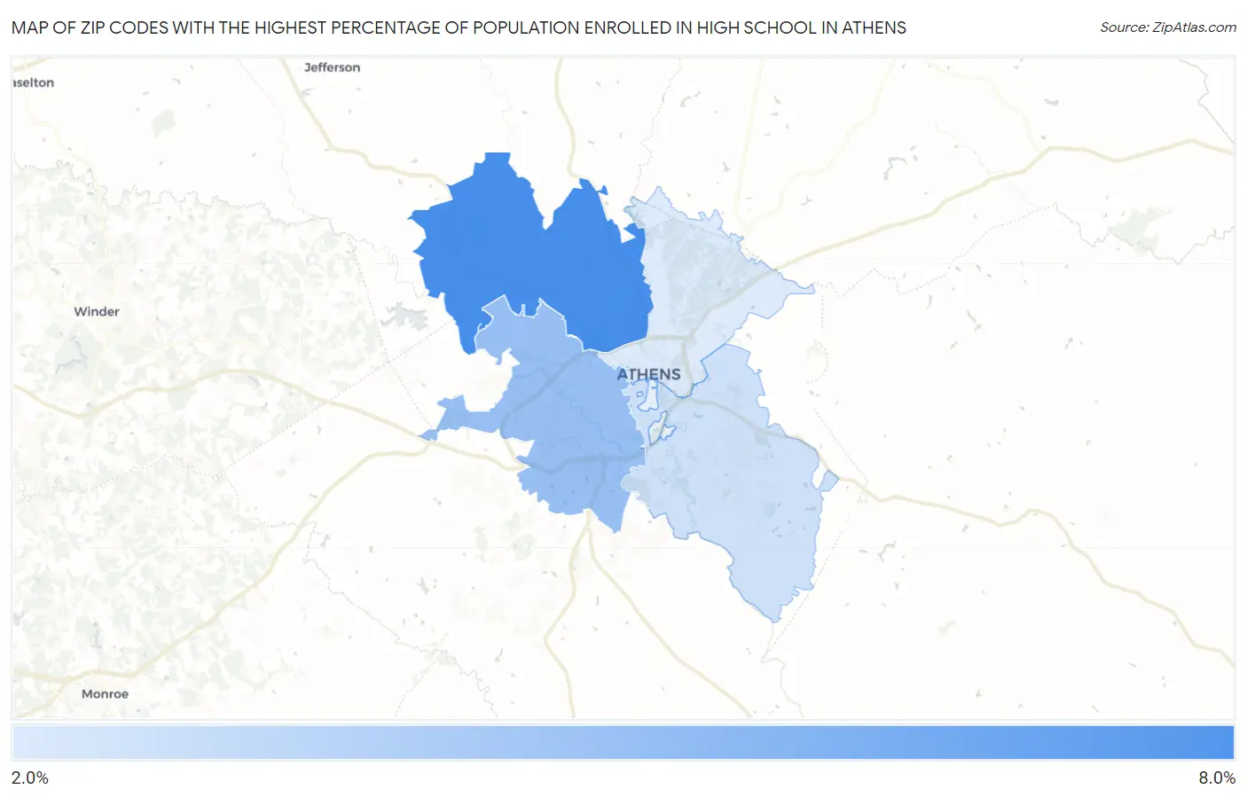 Zip Codes with the Highest Percentage of Population Enrolled in High School in Athens Map