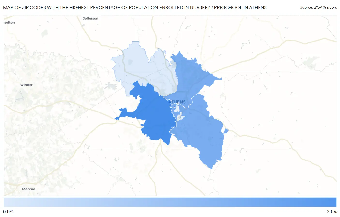 Zip Codes with the Highest Percentage of Population Enrolled in Nursery / Preschool in Athens Map