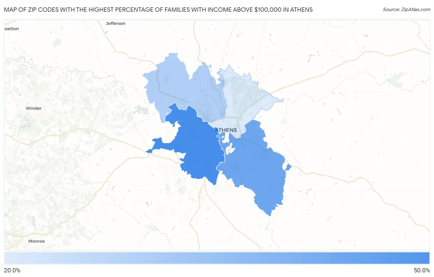 Zip Codes with the Highest Percentage of Families with Income Above $100,000 in Athens Map