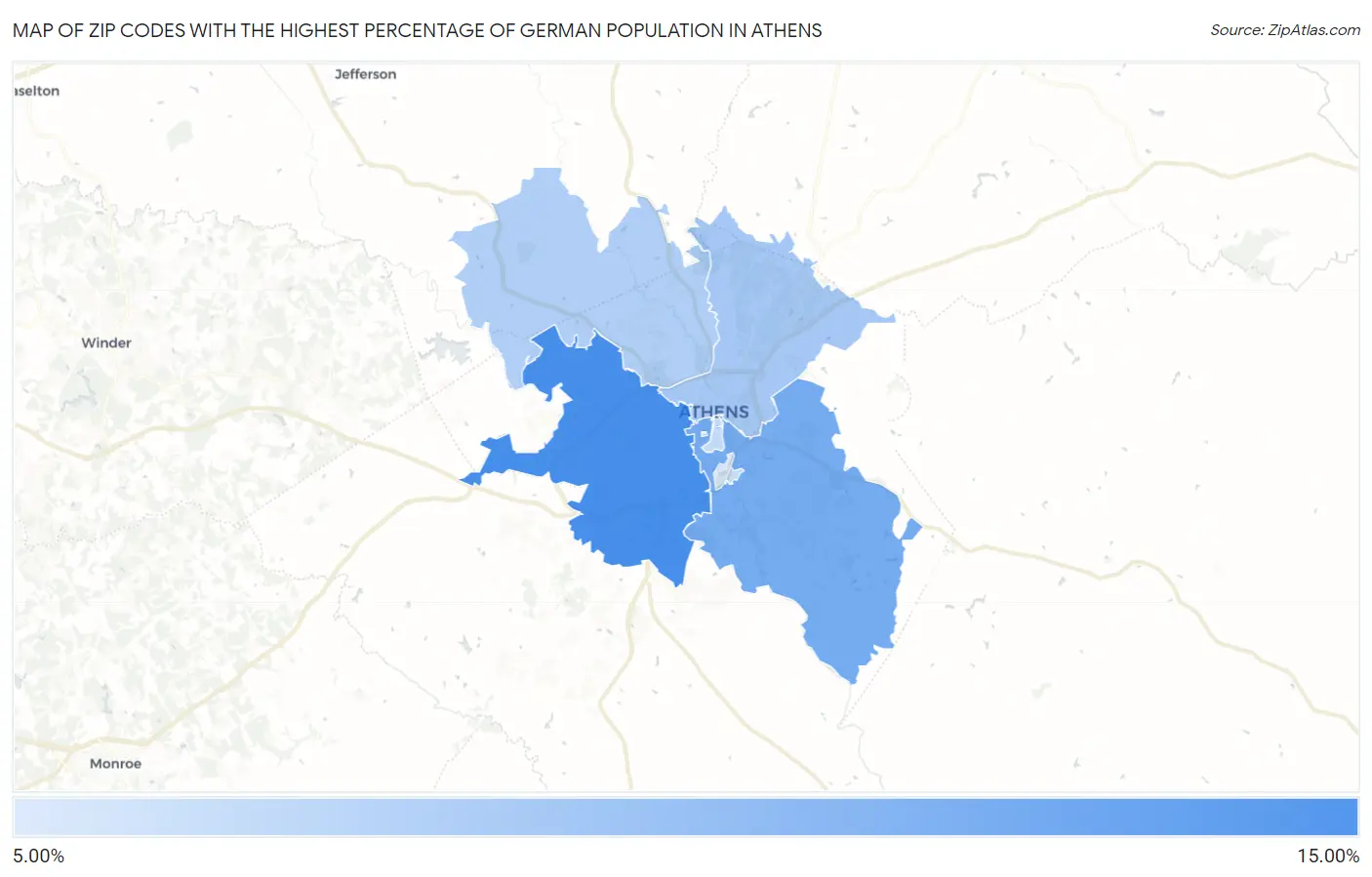 Zip Codes with the Highest Percentage of German Population in Athens Map