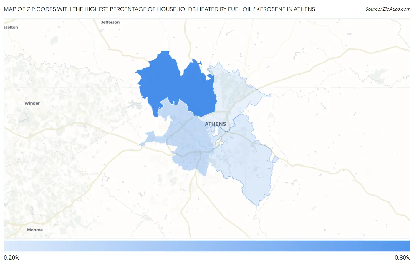 Zip Codes with the Highest Percentage of Households Heated by Fuel Oil / Kerosene in Athens Map