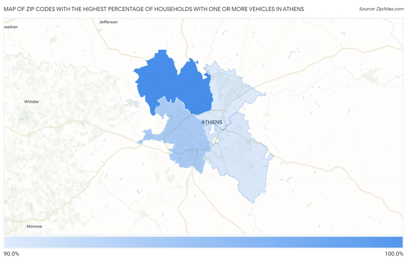 Zip Codes with the Highest Percentage of Households With One or more Vehicles in Athens Map