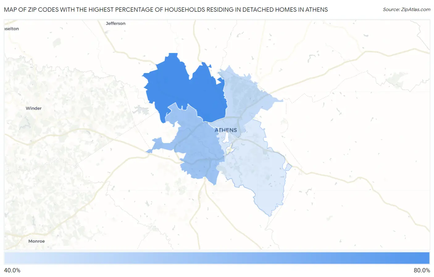 Zip Codes with the Highest Percentage of Households Residing in Detached Homes in Athens Map