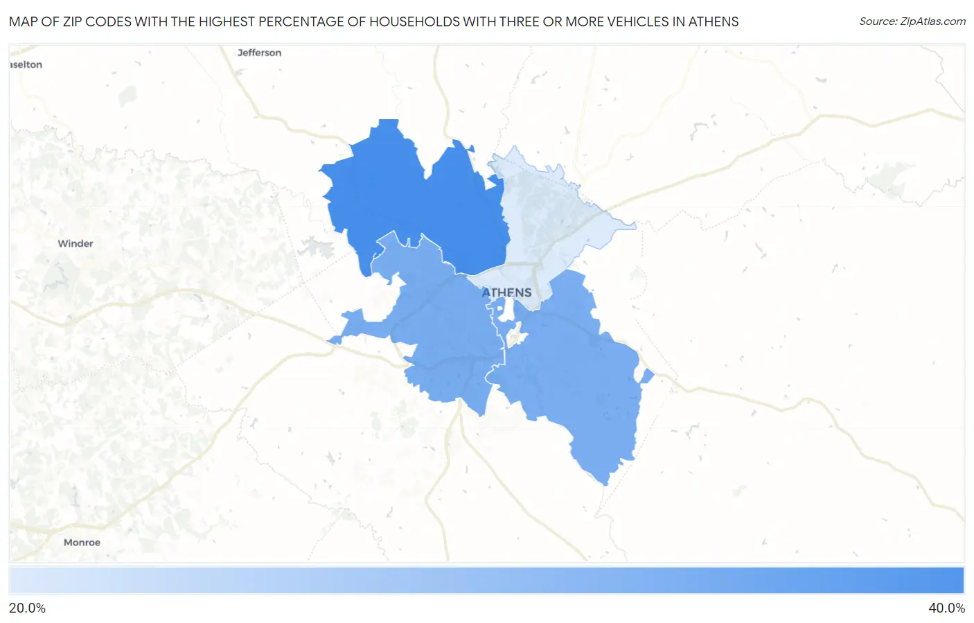 Zip Codes with the Highest Percentage of Households With Three or more Vehicles in Athens Map