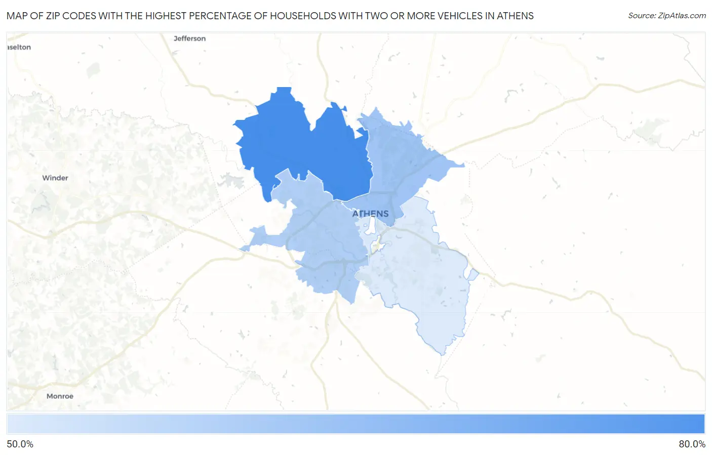 Zip Codes with the Highest Percentage of Households With Two or more Vehicles in Athens Map
