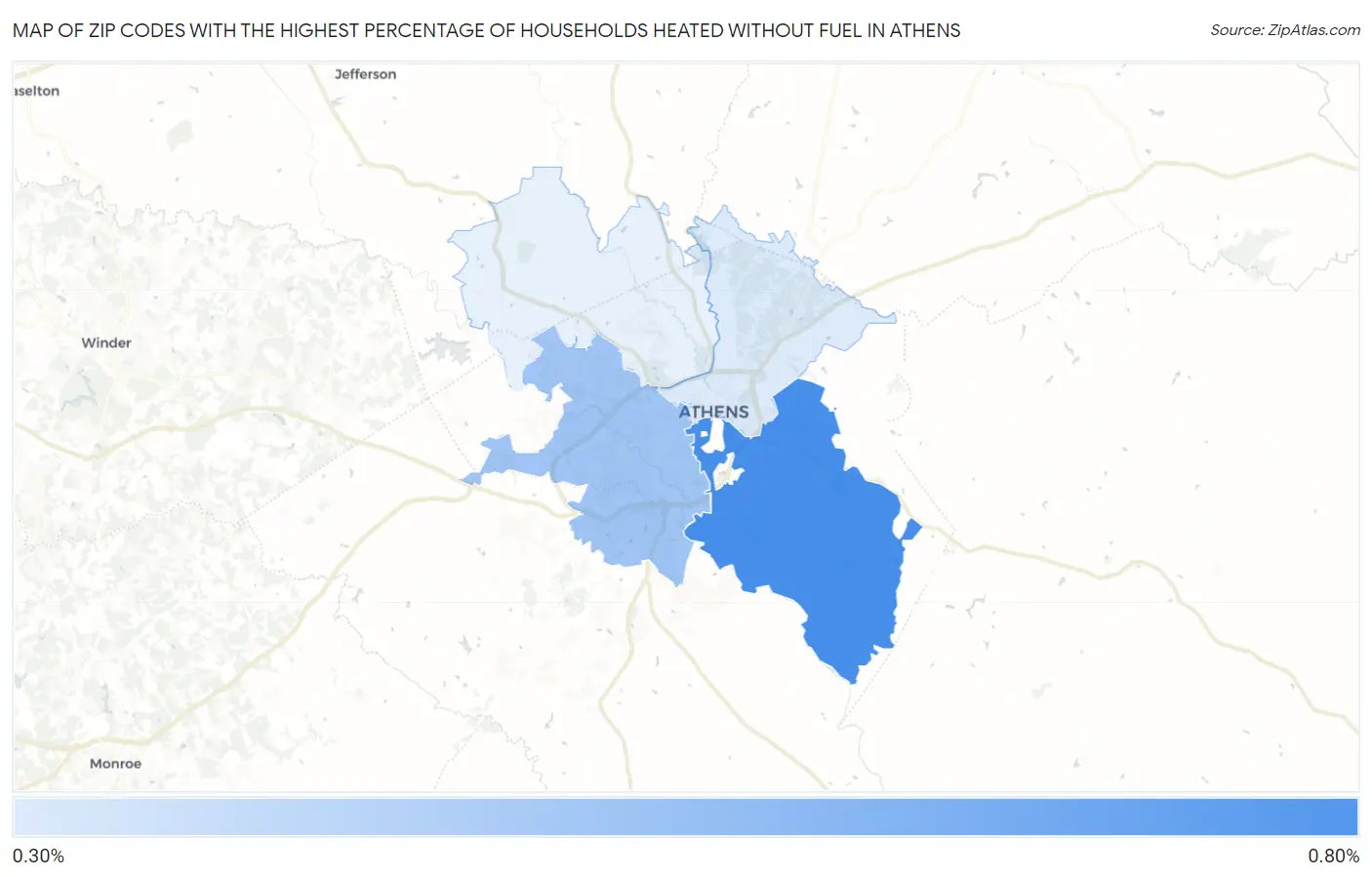 Zip Codes with the Highest Percentage of Households Heated without Fuel in Athens Map