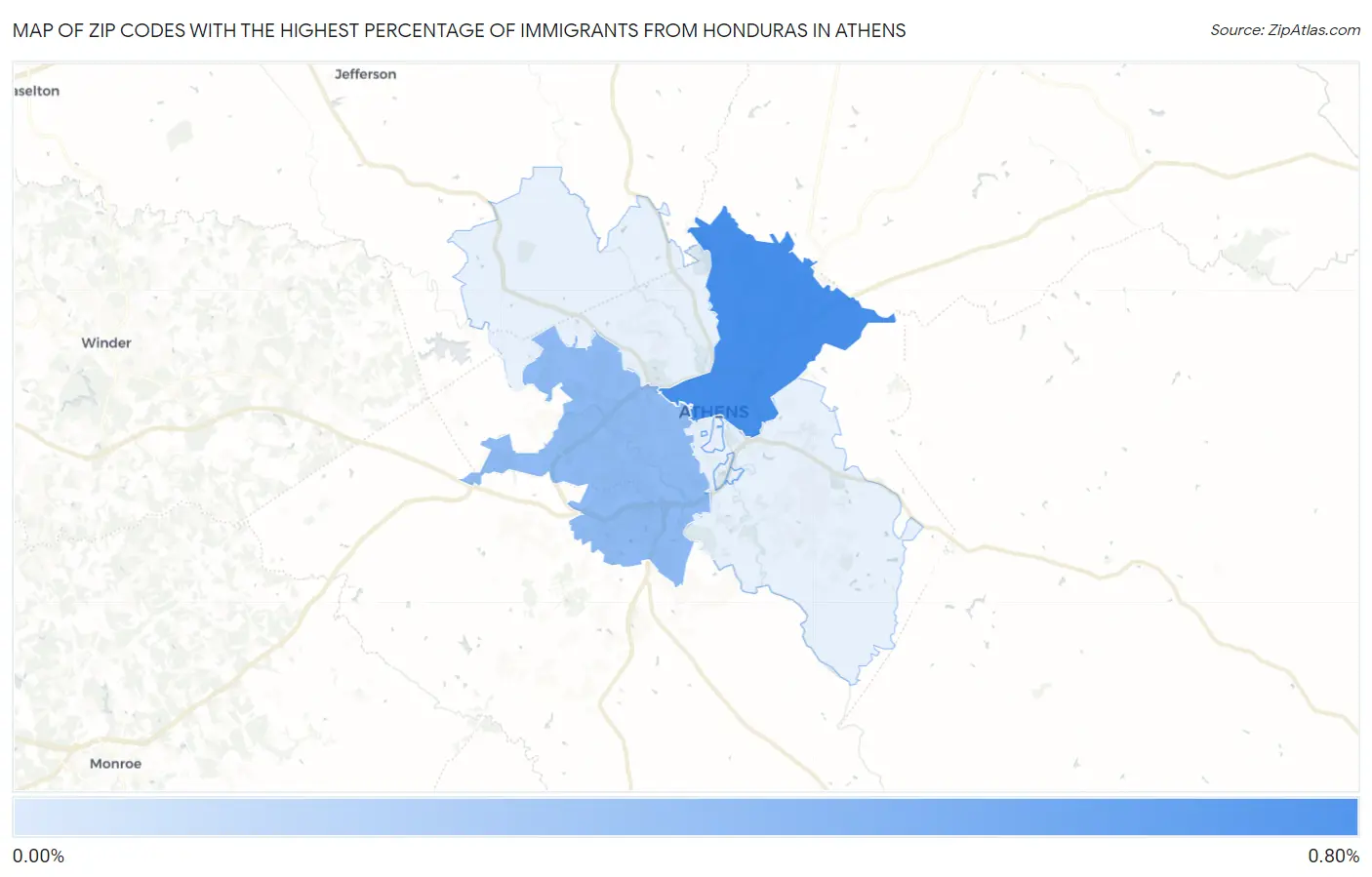 Zip Codes with the Highest Percentage of Immigrants from Honduras in Athens Map