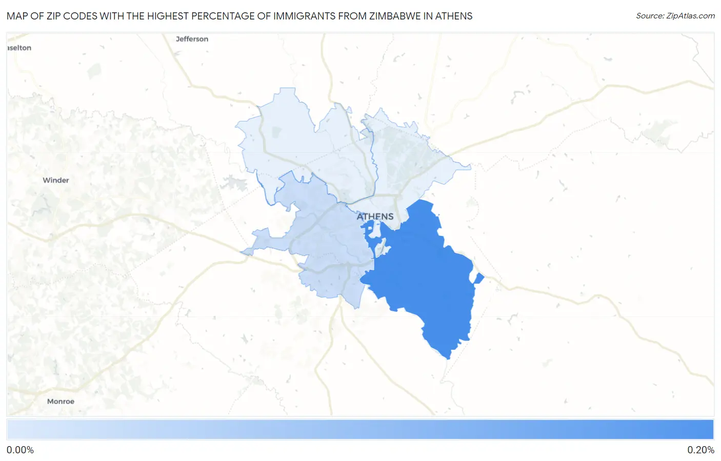 Zip Codes with the Highest Percentage of Immigrants from Zimbabwe in Athens Map