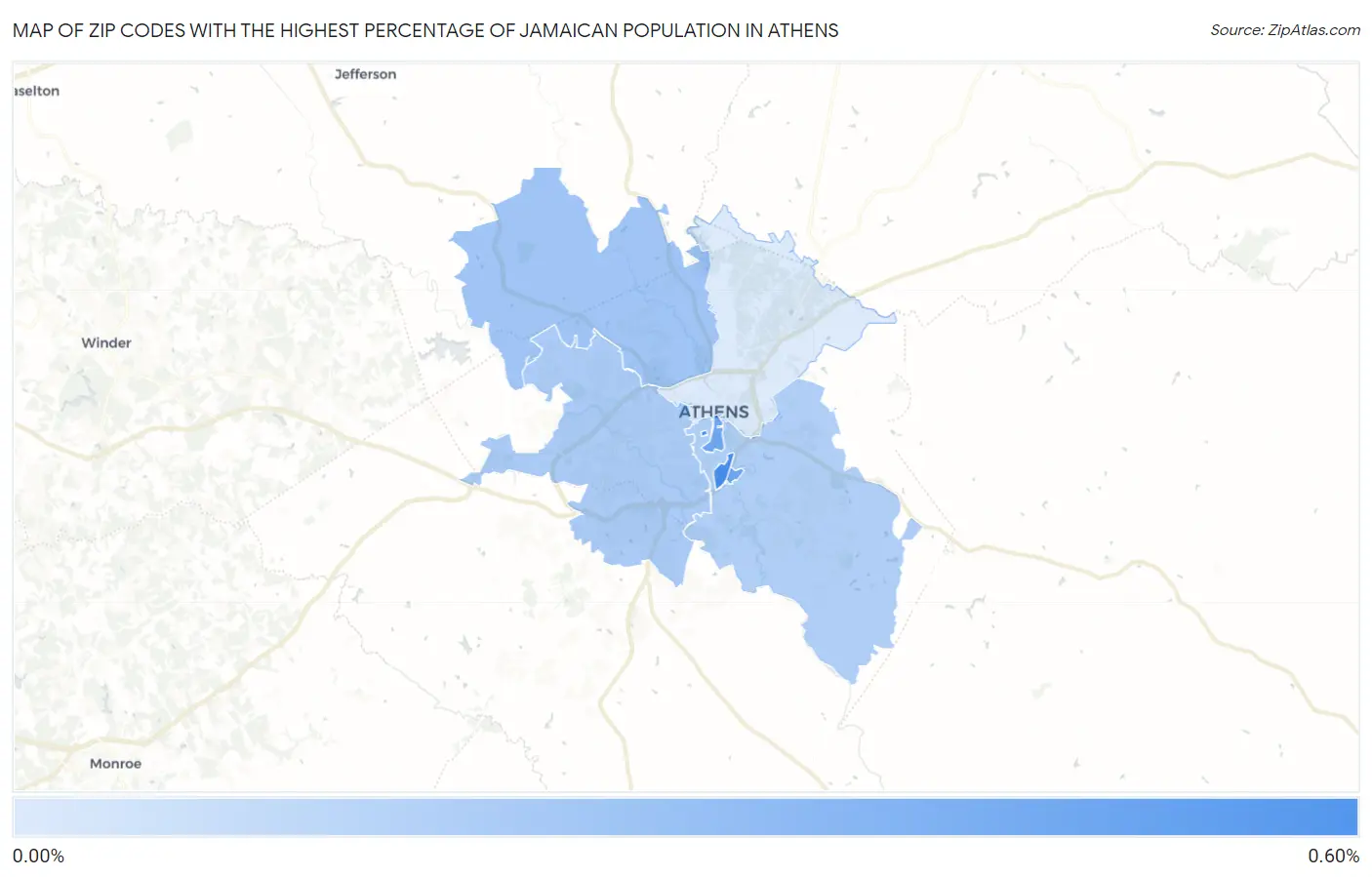 Zip Codes with the Highest Percentage of Jamaican Population in Athens Map