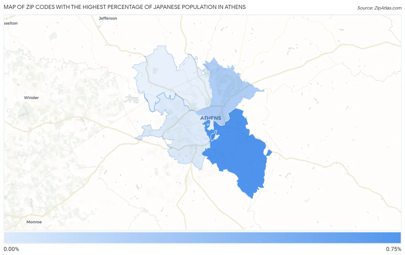 Zip Codes with the Highest Percentage of Japanese Population in Athens Map
