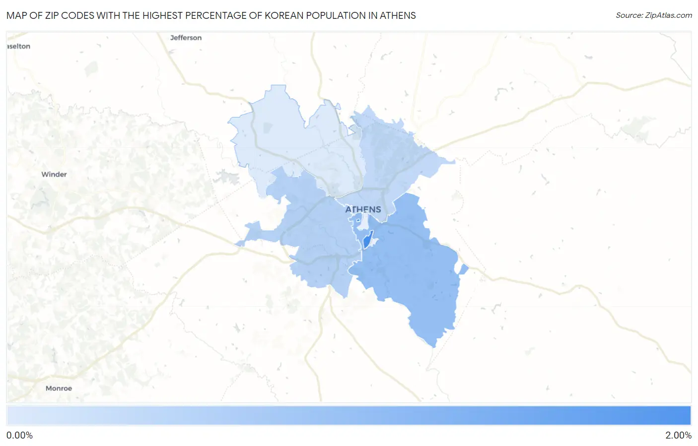 Zip Codes with the Highest Percentage of Korean Population in Athens Map