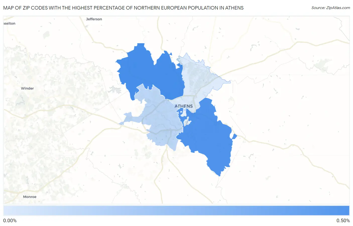 Zip Codes with the Highest Percentage of Northern European Population in Athens Map