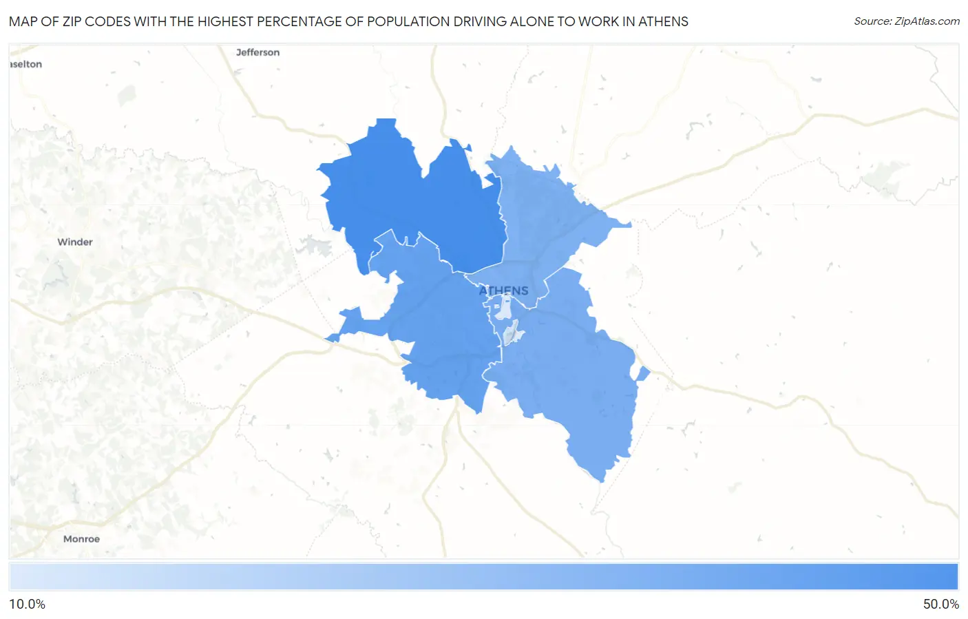Zip Codes with the Highest Percentage of Population Driving Alone to Work in Athens Map