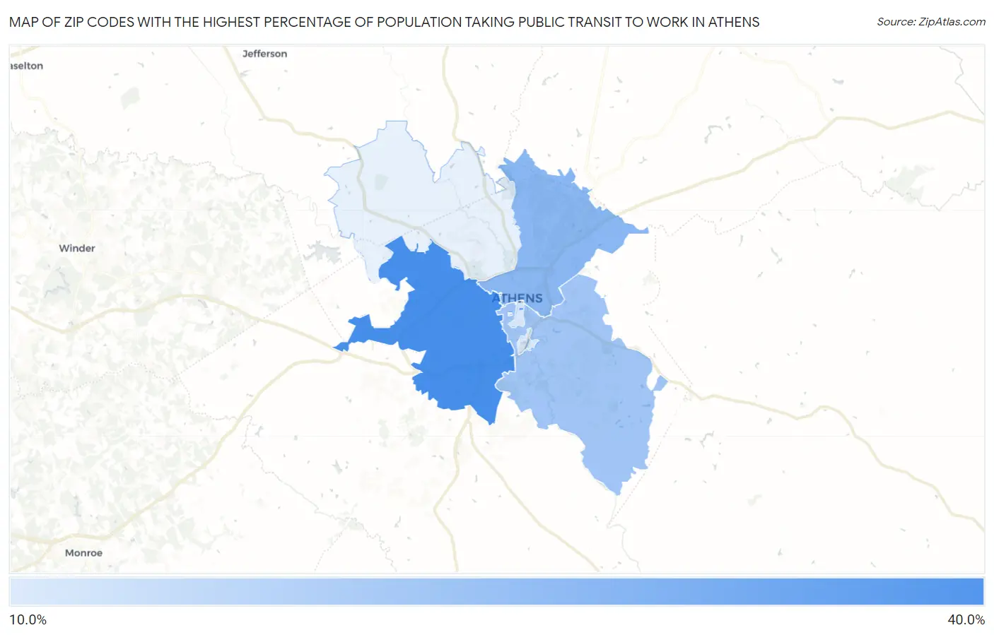 Zip Codes with the Highest Percentage of Population Taking Public Transit to Work in Athens Map