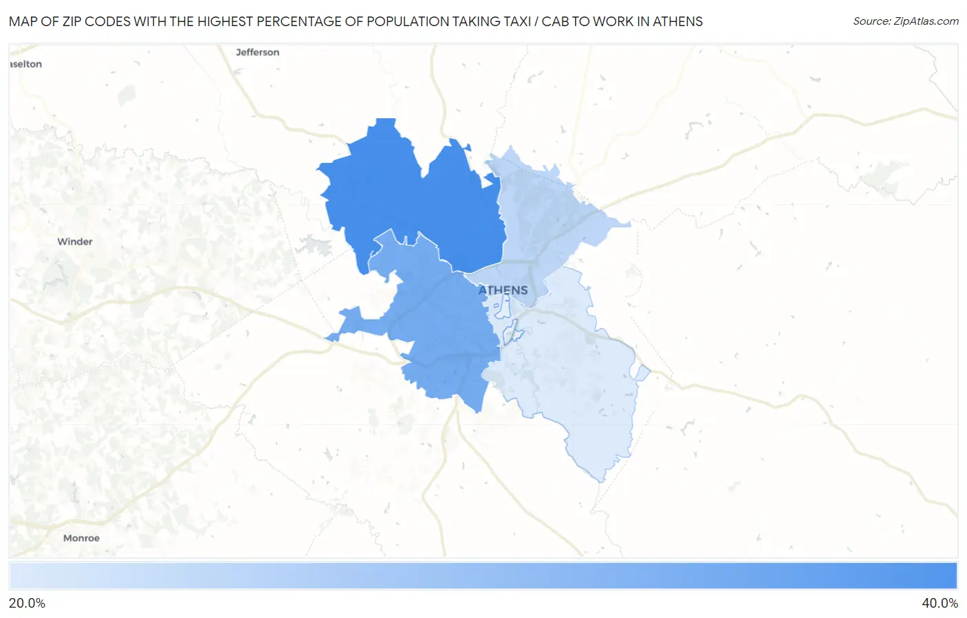 Zip Codes with the Highest Percentage of Population Taking Taxi / Cab to Work in Athens Map