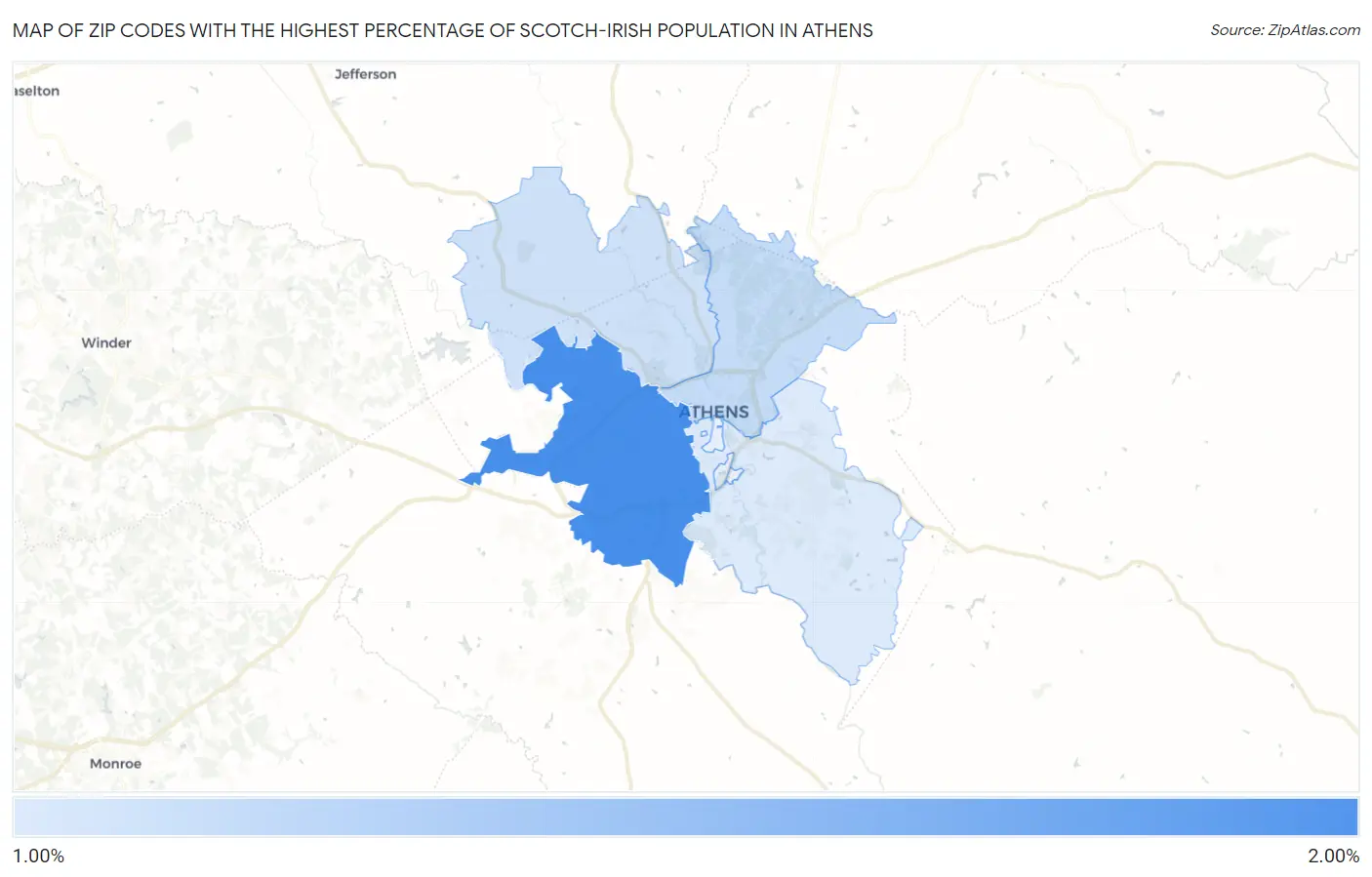 Zip Codes with the Highest Percentage of Scotch-Irish Population in Athens Map