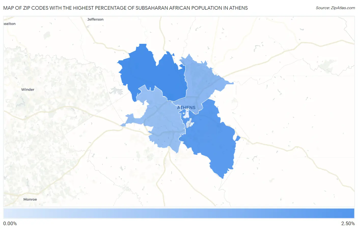 Zip Codes with the Highest Percentage of Subsaharan African Population in Athens Map