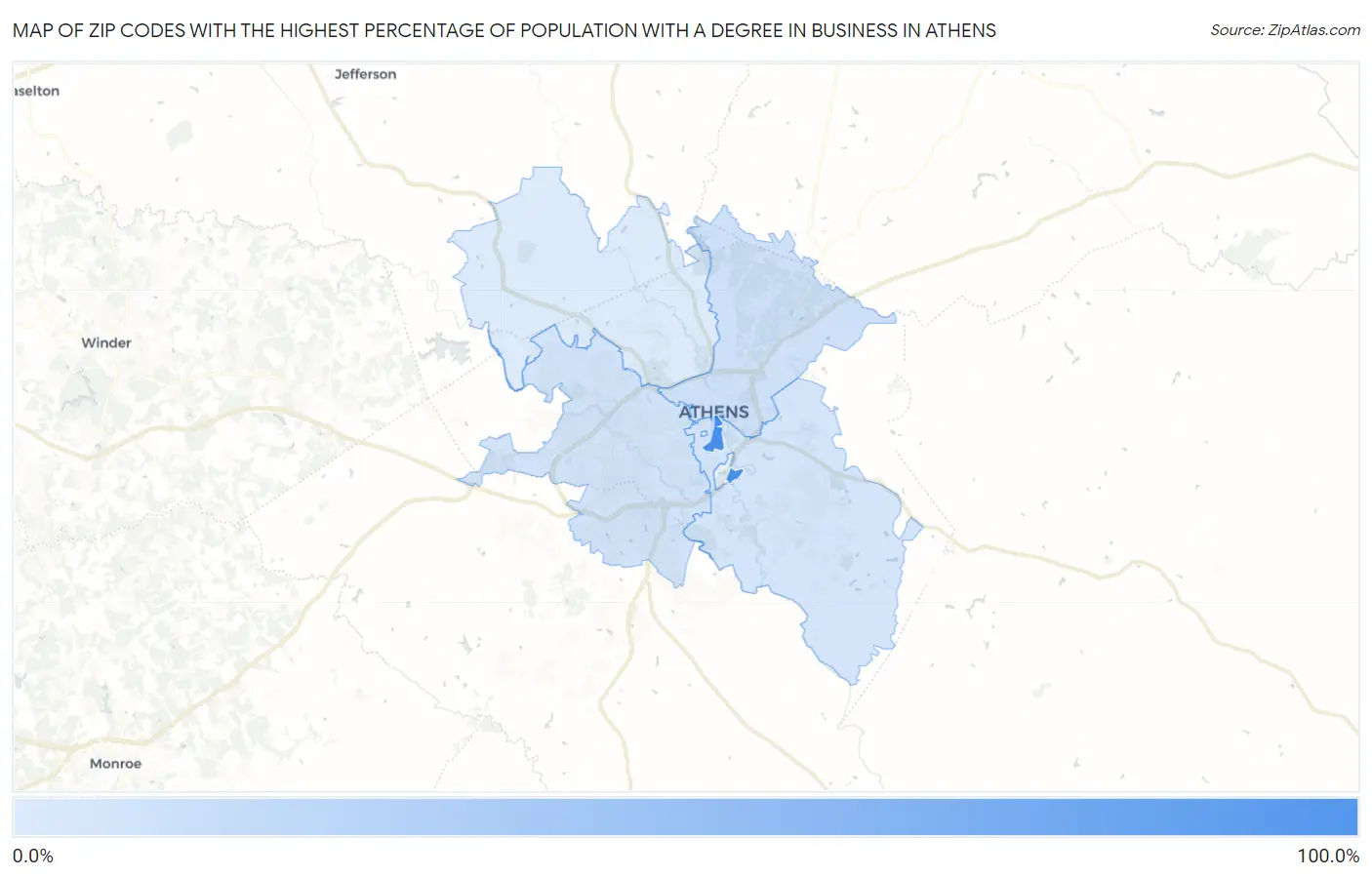 Zip Codes with the Highest Percentage of Population with a Degree in Business in Athens Map